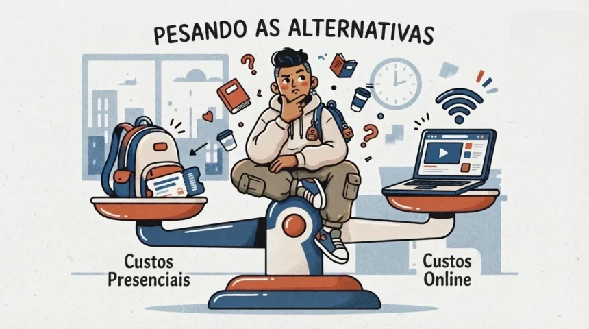 Ilustração em estilo cartoon com o título superior "PESANDO AS ALTERNATIVAS". No centro, um estudante com expressão pensativa equilibra-se no eixo de uma grande balança. O prato da esquerda indica os "Custos Presenciais" e carrega uma mochila com passagens de transporte. O prato da direita indica os "Custos Online" e sustenta um notebook aberto sob um sinal de Wi-Fi. Itens como relógio, livros e copos de café flutuam ao redor.