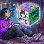 Ilustração digital em estilo cyberpunk e vaporwave com tons predominantes de roxo, verde neon e azul. Uma jovem com cabelos escuros e mechas verdes está sentada de pernas cruzadas em sua cama, vestindo um moletom roxo com os patches "ZINE-SE" e "REVOLTA GRÁFICA", calça cargo escura e tênis multicoloridos. Ela segura um caderno e uma caneta, olhando pensativa para um grande cubo holográfico que flutua no centro do quarto. Cada face do cubo exibe um conteúdo diferente: o topo traz frases poéticas como "FRAGMENTOS DE SONHOS"; a face esquerda mostra um quadrinho em estilo mangá preto e branco com uma personagem dizendo "Quem é você?"; a face direita exibe um gráfico de linhas verde brilhante com o texto "ANÁLISE DE TENDÊNCIAS ESTATÍSTICAS VAPORWAVE". O quarto está decorado com um varal de luzes quentes, plantas, pôsteres na parede com os títulos "VAPORGRÁFICA" e "BRASIL AD 2077", e uma mesa ao fundo com um notebook aberto ao lado de uma janela que revela o horizonte de uma metrópole futurista iluminada por neons.