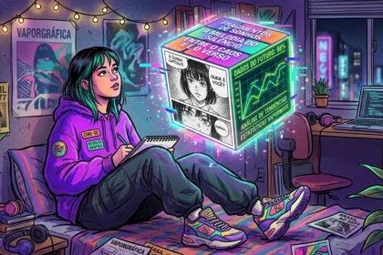 Ilustração digital em estilo cyberpunk e vaporwave com tons predominantes de roxo, verde neon e azul. Uma jovem com cabelos escuros e mechas verdes está sentada de pernas cruzadas em sua cama, vestindo um moletom roxo com os patches "ZINE-SE" e "REVOLTA GRÁFICA", calça cargo escura e tênis multicoloridos. Ela segura um caderno e uma caneta, olhando pensativa para um grande cubo holográfico que flutua no centro do quarto. Cada face do cubo exibe um conteúdo diferente: o topo traz frases poéticas como "FRAGMENTOS DE SONHOS"; a face esquerda mostra um quadrinho em estilo mangá preto e branco com uma personagem dizendo "Quem é você?"; a face direita exibe um gráfico de linhas verde brilhante com o texto "ANÁLISE DE TENDÊNCIAS ESTATÍSTICAS VAPORWAVE". O quarto está decorado com um varal de luzes quentes, plantas, pôsteres na parede com os títulos "VAPORGRÁFICA" e "BRASIL AD 2077", e uma mesa ao fundo com um notebook aberto ao lado de uma janela que revela o horizonte de uma metrópole futurista iluminada por neons.