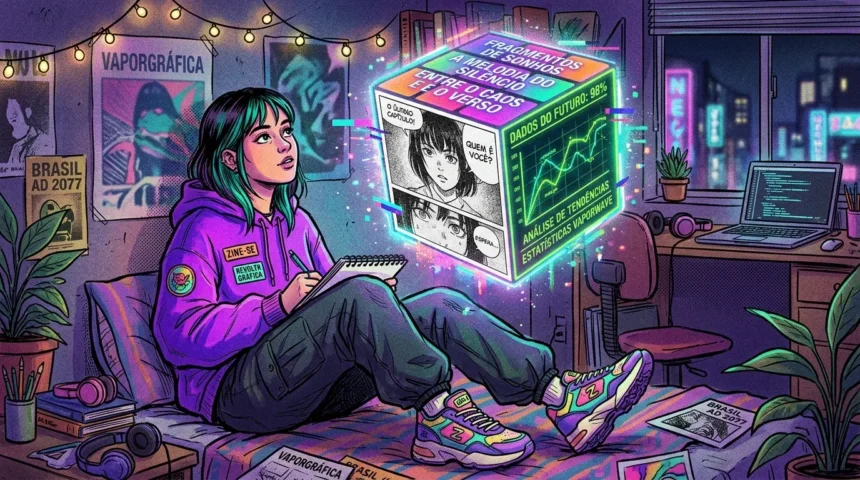 Ilustração digital em estilo cyberpunk e vaporwave com tons predominantes de roxo, verde neon e azul. Uma jovem com cabelos escuros e mechas verdes está sentada de pernas cruzadas em sua cama, vestindo um moletom roxo com os patches "ZINE-SE" e "REVOLTA GRÁFICA", calça cargo escura e tênis multicoloridos. Ela segura um caderno e uma caneta, olhando pensativa para um grande cubo holográfico que flutua no centro do quarto. Cada face do cubo exibe um conteúdo diferente: o topo traz frases poéticas como "FRAGMENTOS DE SONHOS"; a face esquerda mostra um quadrinho em estilo mangá preto e branco com uma personagem dizendo "Quem é você?"; a face direita exibe um gráfico de linhas verde brilhante com o texto "ANÁLISE DE TENDÊNCIAS ESTATÍSTICAS VAPORWAVE". O quarto está decorado com um varal de luzes quentes, plantas, pôsteres na parede com os títulos "VAPORGRÁFICA" e "BRASIL AD 2077", e uma mesa ao fundo com um notebook aberto ao lado de uma janela que revela o horizonte de uma metrópole futurista iluminada por neons.