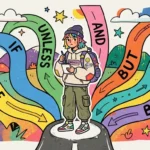 Ilustração em estilo HQ de um estudante de touca, moletom e mochila, parado no centro de uma encruzilhada com vários caminhos sinuosos e coloridos em formato de setas. Cada rota exibe uma conectivo/conjunção em inglês: BECAUSE, IF, UNLESS, AND, BUT, YET e BOTH. O jovem segura um bloco de notas enquanto pensa indeciso entre balões de fala com as frases "Hmm..." e "This Way?".