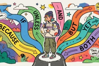 Ilustração em estilo HQ de um estudante de touca, moletom e mochila, parado no centro de uma encruzilhada com vários caminhos sinuosos e coloridos em formato de setas. Cada rota exibe uma conectivo/conjunção em inglês: BECAUSE, IF, UNLESS, AND, BUT, YET e BOTH. O jovem segura um bloco de notas enquanto pensa indeciso entre balões de fala com as frases "Hmm..." e "This Way?".
