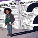 Ilustração em estilo de quadrinhos de uma estudante negra com expressão ansiosa, segurando um caderno diante de um livro gigante do ENEM aberto. O livro traz páginas com textos sobre "Síndrome do Impostor" e "Medo de Falhar". À direita, a silhueta imponente de um grande ponto de interrogação preto projeta uma sombra em direção à jovem, simbolizando a dúvida e a pressão psicológica do vestibular.