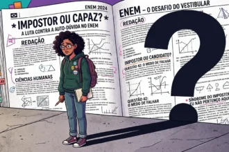 Ilustração em estilo de quadrinhos de uma estudante negra com expressão ansiosa, segurando um caderno diante de um livro gigante do ENEM aberto. O livro traz páginas com textos sobre "Síndrome do Impostor" e "Medo de Falhar". À direita, a silhueta imponente de um grande ponto de interrogação preto projeta uma sombra em direção à jovem, simbolizando a dúvida e a pressão psicológica do vestibular.