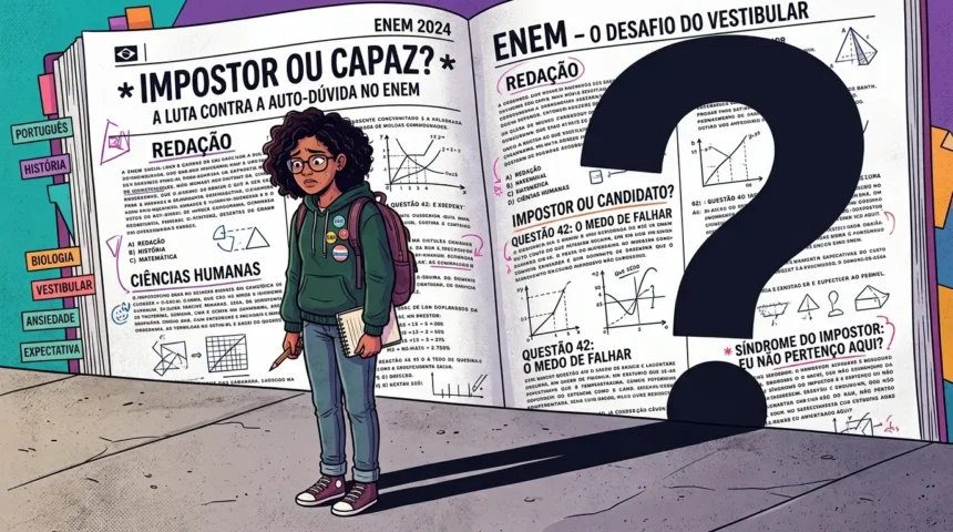 Ilustração em estilo de quadrinhos de uma estudante negra com expressão ansiosa, segurando um caderno diante de um livro gigante do ENEM aberto. O livro traz páginas com textos sobre "Síndrome do Impostor" e "Medo de Falhar". À direita, a silhueta imponente de um grande ponto de interrogação preto projeta uma sombra em direção à jovem, simbolizando a dúvida e a pressão psicológica do vestibular.