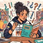 Uma estudante de cabelos cacheados preso em um coque despojado, usando moletom com a inscrição "¡APRENDE ESPAÑOL!". Ela lê concentrada um livro didático intitulado "¡HOLA! ESPAÑOL BÁSICO", que exibe diálogos como "¡Hola! ¿Cómo estás? ¡Estoy muy bien, gracias! ¿Qué hora es?". Diversos pontos de interrogação e exclamação coloridos flutuam ao redor de sua cabeça. Sobre a mesa, veem-se notebook, xícara de café e cadernos, enquanto outros alunos estudam ao fundo na sala de idiomas.