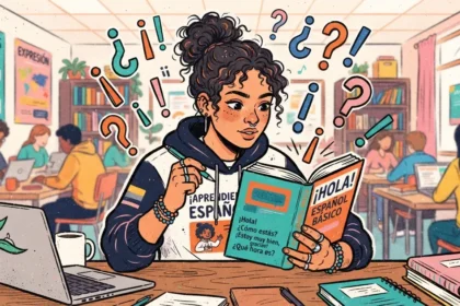 Uma estudante de cabelos cacheados preso em um coque despojado, usando moletom com a inscrição "¡APRENDE ESPAÑOL!". Ela lê concentrada um livro didático intitulado "¡HOLA! ESPAÑOL BÁSICO", que exibe diálogos como "¡Hola! ¿Cómo estás? ¡Estoy muy bien, gracias! ¿Qué hora es?". Diversos pontos de interrogação e exclamação coloridos flutuam ao redor de sua cabeça. Sobre a mesa, veem-se notebook, xícara de café e cadernos, enquanto outros alunos estudam ao fundo na sala de idiomas.