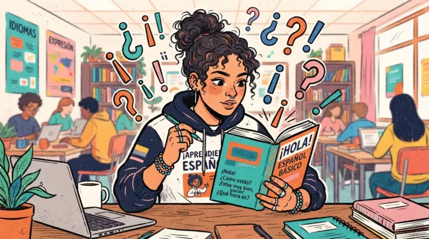 Uma estudante de cabelos cacheados preso em um coque despojado, usando moletom com a inscrição "¡APRENDE ESPAÑOL!". Ela lê concentrada um livro didático intitulado "¡HOLA! ESPAÑOL BÁSICO", que exibe diálogos como "¡Hola! ¿Cómo estás? ¡Estoy muy bien, gracias! ¿Qué hora es?". Diversos pontos de interrogação e exclamação coloridos flutuam ao redor de sua cabeça. Sobre a mesa, veem-se notebook, xícara de café e cadernos, enquanto outros alunos estudam ao fundo na sala de idiomas.