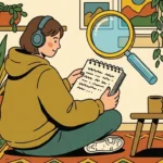 Ilustração em estilo de traços limpos e cores aconchegantes de uma jovem de cabelo curto castanho, usando fones de ouvido pretos e um moletom amarelo-esverdeado. Ela está sentada de pernas cruzadas no chão sobre um tapete com estampas geométricas coloridas, lendo e revisando com atenção um caderno espiral aberto. Pairando à sua frente, uma grande lupa amarela e azul flutua inclinada em direção às folhas do caderno, simbolizando análise profunda ou revisão detalhada. O quarto é cercado por estantes de livros bem organizadas, quadros na parede, uma pequena mesa lateral de madeira segurando uma caneca de café e vários vasos com plantas de folhagens verdes exuberantes.