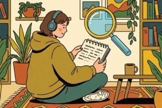 Ilustração em estilo de traços limpos e cores aconchegantes de uma jovem de cabelo curto castanho, usando fones de ouvido pretos e um moletom amarelo-esverdeado. Ela está sentada de pernas cruzadas no chão sobre um tapete com estampas geométricas coloridas, lendo e revisando com atenção um caderno espiral aberto. Pairando à sua frente, uma grande lupa amarela e azul flutua inclinada em direção às folhas do caderno, simbolizando análise profunda ou revisão detalhada. O quarto é cercado por estantes de livros bem organizadas, quadros na parede, uma pequena mesa lateral de madeira segurando uma caneca de café e vários vasos com plantas de folhagens verdes exuberantes.