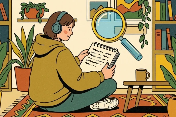 Ilustração em estilo de traços limpos e cores aconchegantes de uma jovem de cabelo curto castanho, usando fones de ouvido pretos e um moletom amarelo-esverdeado. Ela está sentada de pernas cruzadas no chão sobre um tapete com estampas geométricas coloridas, lendo e revisando com atenção um caderno espiral aberto. Pairando à sua frente, uma grande lupa amarela e azul flutua inclinada em direção às folhas do caderno, simbolizando análise profunda ou revisão detalhada. O quarto é cercado por estantes de livros bem organizadas, quadros na parede, uma pequena mesa lateral de madeira segurando uma caneca de café e vários vasos com plantas de folhagens verdes exuberantes.