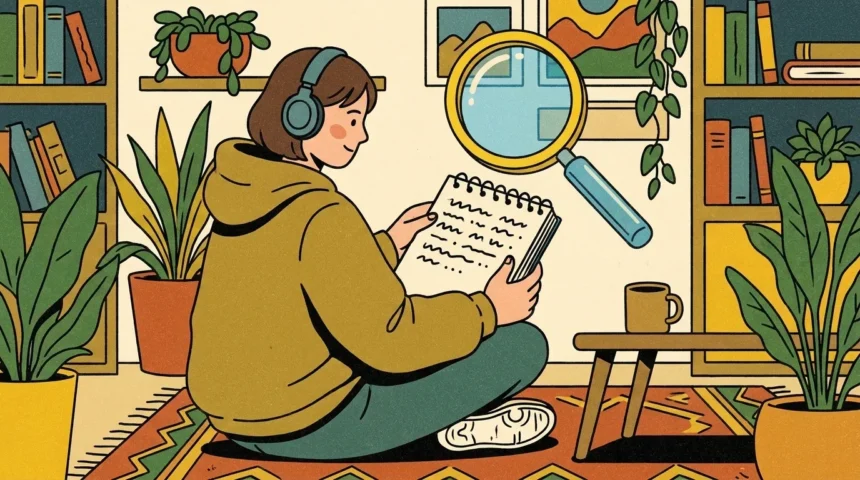 Ilustração em estilo de traços limpos e cores aconchegantes de uma jovem de cabelo curto castanho, usando fones de ouvido pretos e um moletom amarelo-esverdeado. Ela está sentada de pernas cruzadas no chão sobre um tapete com estampas geométricas coloridas, lendo e revisando com atenção um caderno espiral aberto. Pairando à sua frente, uma grande lupa amarela e azul flutua inclinada em direção às folhas do caderno, simbolizando análise profunda ou revisão detalhada. O quarto é cercado por estantes de livros bem organizadas, quadros na parede, uma pequena mesa lateral de madeira segurando uma caneca de café e vários vasos com plantas de folhagens verdes exuberantes.