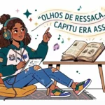 Ilustração em estilo cartoon de uma jovem negra com fones de ouvido, sentada em uma almofada no chão enquanto faz anotações em um caderno. Ela aponta para cima com um sorriso, onde flutua um rastro mágico e luminoso com a famosa citação de Dom Casmurro: "OLHOS DE RESSACA. CAPITU ERA ASSIM." Ao seu lado, uma mesa de madeira apoia um livro antigo aberto com ilustrações.