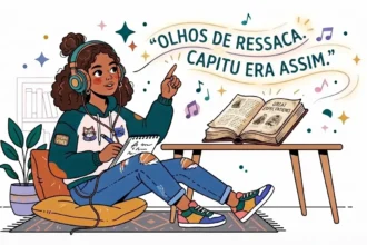 Ilustração em estilo cartoon de uma jovem negra com fones de ouvido, sentada em uma almofada no chão enquanto faz anotações em um caderno. Ela aponta para cima com um sorriso, onde flutua um rastro mágico e luminoso com a famosa citação de Dom Casmurro: "OLHOS DE RESSACA. CAPITU ERA ASSIM." Ao seu lado, uma mesa de madeira apoia um livro antigo aberto com ilustrações.