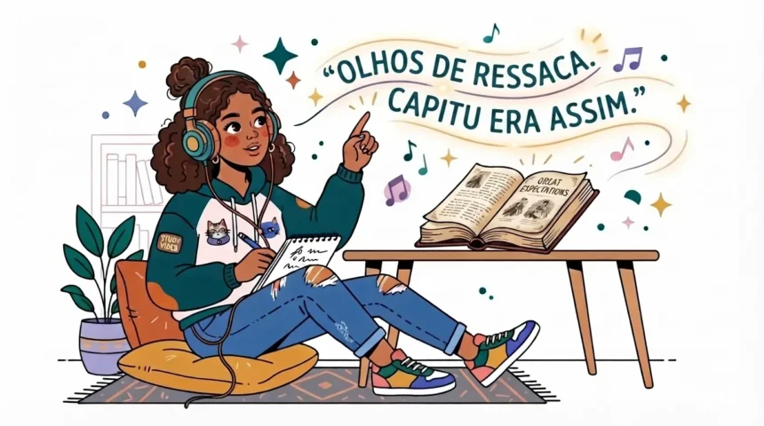 Ilustração em estilo cartoon de uma jovem negra com fones de ouvido, sentada em uma almofada no chão enquanto faz anotações em um caderno. Ela aponta para cima com um sorriso, onde flutua um rastro mágico e luminoso com a famosa citação de Dom Casmurro: "OLHOS DE RESSACA. CAPITU ERA ASSIM." Ao seu lado, uma mesa de madeira apoia um livro antigo aberto com ilustrações.