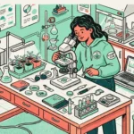 Ilustração em estilo vetorial de uma jovem vestindo moletom verde-menta com os patches "ECOLOGY CLUB" e "GREEN CLUB", trabalhando em um laboratório de botânica. Ela está inclinada sobre uma bancada de madeira, usando pinças e um microscópio binocular para analisar a lâmina de uma folha. A mesa contém placas de Petri, cadernos, balança digital, tubos de ensaio e uma bandeja com pequenas mudas sob luz de cultivo. Ao redor, o ambiente em tons de verde e terracota inclui prateleiras repletas de vasos com plantas, vidrarias de laboratório, um notebook aberto exibindo gráficos de pesquisa e uma capela de fluxo laminar ao fundo.
