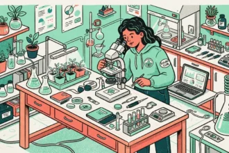 Ilustração em estilo vetorial de uma jovem vestindo moletom verde-menta com os patches "ECOLOGY CLUB" e "GREEN CLUB", trabalhando em um laboratório de botânica. Ela está inclinada sobre uma bancada de madeira, usando pinças e um microscópio binocular para analisar a lâmina de uma folha. A mesa contém placas de Petri, cadernos, balança digital, tubos de ensaio e uma bandeja com pequenas mudas sob luz de cultivo. Ao redor, o ambiente em tons de verde e terracota inclui prateleiras repletas de vasos com plantas, vidrarias de laboratório, um notebook aberto exibindo gráficos de pesquisa e uma capela de fluxo laminar ao fundo.