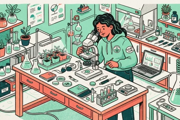 Ilustração em estilo vetorial de uma jovem vestindo moletom verde-menta com os patches "ECOLOGY CLUB" e "GREEN CLUB", trabalhando em um laboratório de botânica. Ela está inclinada sobre uma bancada de madeira, usando pinças e um microscópio binocular para analisar a lâmina de uma folha. A mesa contém placas de Petri, cadernos, balança digital, tubos de ensaio e uma bandeja com pequenas mudas sob luz de cultivo. Ao redor, o ambiente em tons de verde e terracota inclui prateleiras repletas de vasos com plantas, vidrarias de laboratório, um notebook aberto exibindo gráficos de pesquisa e uma capela de fluxo laminar ao fundo.