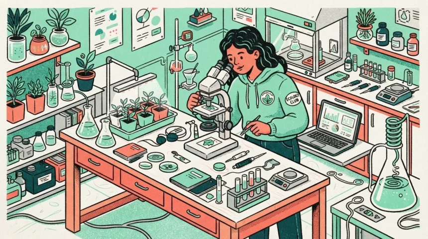 Ilustração em estilo vetorial de uma jovem vestindo moletom verde-menta com os patches "ECOLOGY CLUB" e "GREEN CLUB", trabalhando em um laboratório de botânica. Ela está inclinada sobre uma bancada de madeira, usando pinças e um microscópio binocular para analisar a lâmina de uma folha. A mesa contém placas de Petri, cadernos, balança digital, tubos de ensaio e uma bandeja com pequenas mudas sob luz de cultivo. Ao redor, o ambiente em tons de verde e terracota inclui prateleiras repletas de vasos com plantas, vidrarias de laboratório, um notebook aberto exibindo gráficos de pesquisa e uma capela de fluxo laminar ao fundo.