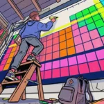 Ilustração em perspectiva de um estudante subido em uma escada de madeira, utilizando um marca-texto amarelo para traçar uma linha de tendência sobre uma tabela periódica gigante fixada na parede. A tabela é colorida com categorias organizadas em tons de rosa, laranja, verde e azul. Ao redor, veem-se uma estante repleta de livros didáticos, uma mochila no chão e marcadores espalhados.