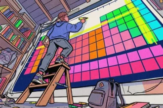 Ilustração em perspectiva de um estudante subido em uma escada de madeira, utilizando um marca-texto amarelo para traçar uma linha de tendência sobre uma tabela periódica gigante fixada na parede. A tabela é colorida com categorias organizadas em tons de rosa, laranja, verde e azul. Ao redor, veem-se uma estante repleta de livros didáticos, uma mochila no chão e marcadores espalhados.