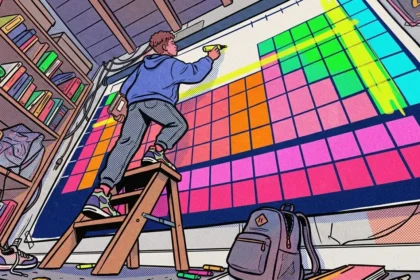Ilustração em perspectiva de um estudante subido em uma escada de madeira, utilizando um marca-texto amarelo para traçar uma linha de tendência sobre uma tabela periódica gigante fixada na parede. A tabela é colorida com categorias organizadas em tons de rosa, laranja, verde e azul. Ao redor, veem-se uma estante repleta de livros didáticos, uma mochila no chão e marcadores espalhados.