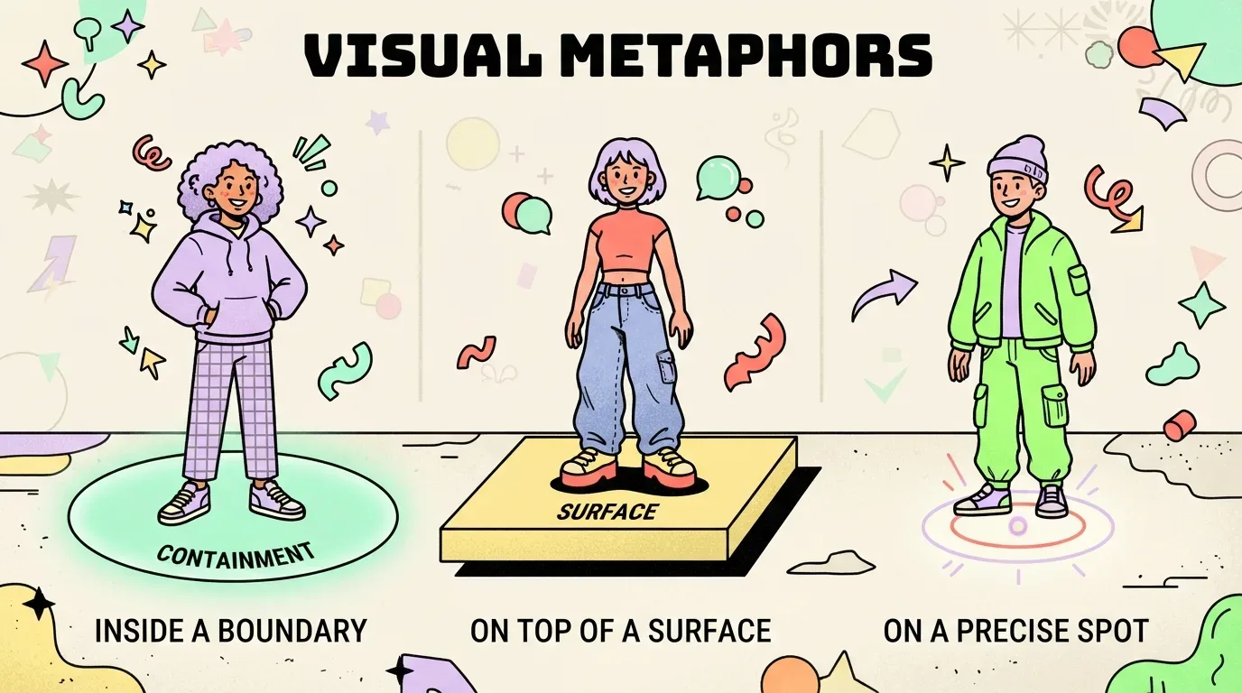 Infográfico educativo ilustrado intitulado "VISUAL METAPHORS" demonstrando metáforas espaciais com três personagens. À esquerda, uma jovem em pé dentro de um círculo verde com a palavra "CONTAINMENT" e o rótulo "INSIDE A BOUNDARY"; ao centro, uma jovem sobre uma plataforma com a palavra "SURFACE" e o rótulo "ON TOP OF A SURFACE"; à direita, um jovem em pé sobre um alvo circular com o rótulo "ON A PRECISE SPOT".