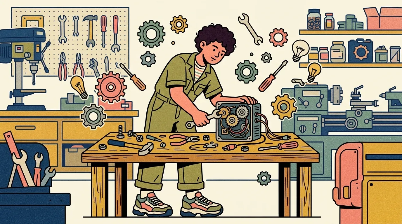 Um jovem de macacão verde trabalhando em uma oficina mecânica, utilizando uma chave de boca para ajustar um motor sobre uma bancada de madeira repleta de ferramentas, alicates e engrenagens. Ao fundo, observam-se um painel perfurado com ferramentas penduradas, furadeira de bancada, torno mecânico e prateleiras com organizadores.