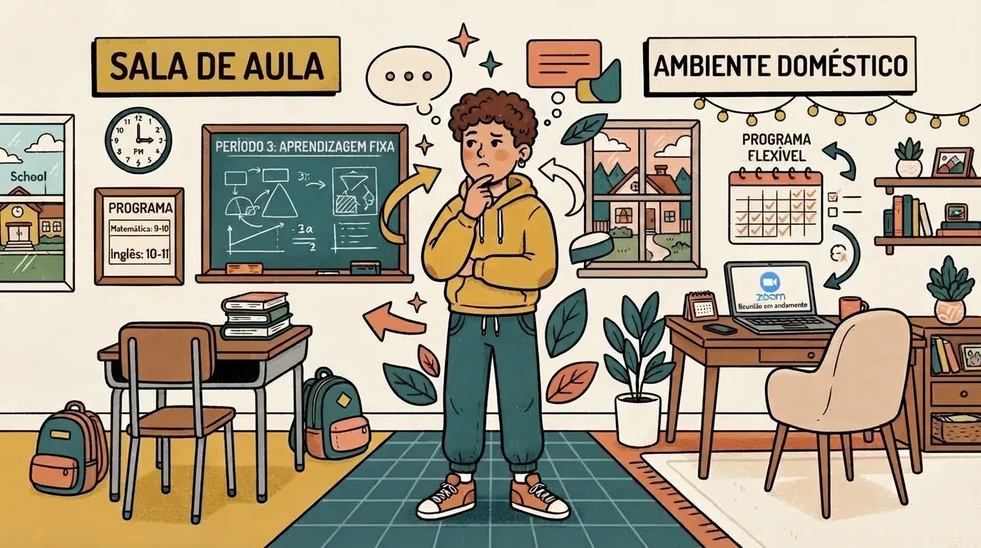 Um estudante no centro em atitude reflexiva, comparando dois modelos de ensino. À esquerda, a seção "SALA DE AULA" retrata o ambiente tradicional com lousa indicando "PERÍODO 3: APRENDIZAGEM FIXA", carteiras e horários. À direita, a seção "AMBIENTE DOMÉSTICO" exibe uma escrivaninha de estudos com notebook em videochamada pelo Zoom e a indicação "PROGRAMA FLEXÍVEL".