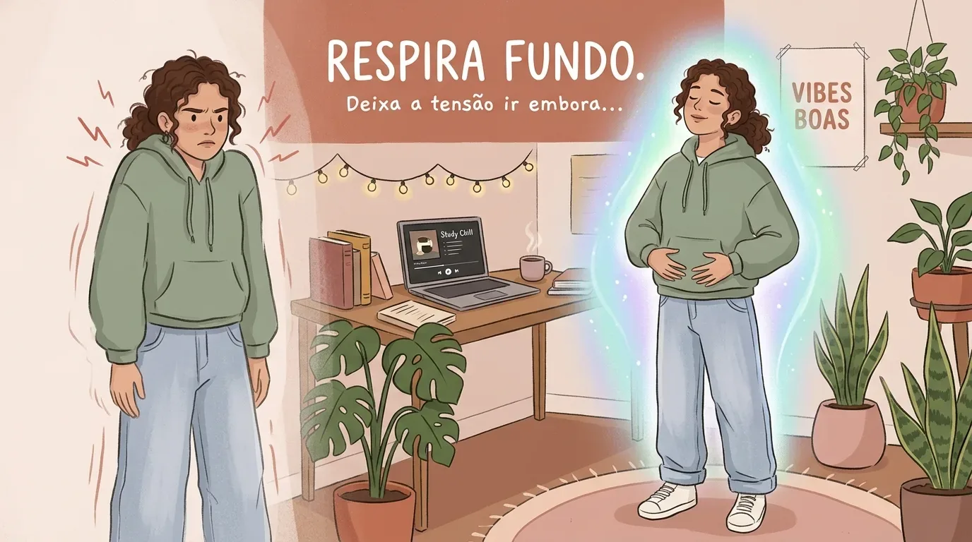 Ilustração dividida em dois momentos contrastantes de uma jovem de moletom verde. À esquerda, ela aparece com expressão tensa e linhas irregulares de estresse ao redor. À direita, após a mensagem "RESPIRA FUNDO. Deixa a tensão ir embora...", ela surge relaxada, com os olhos fechados, as mãos sobre o abdômen e envolta por uma aura azul brilhante. O ambiente inclui uma mesa de estudos com notebook, plantas, luzesinhas e um quadro escrito "VIBES BOAS".