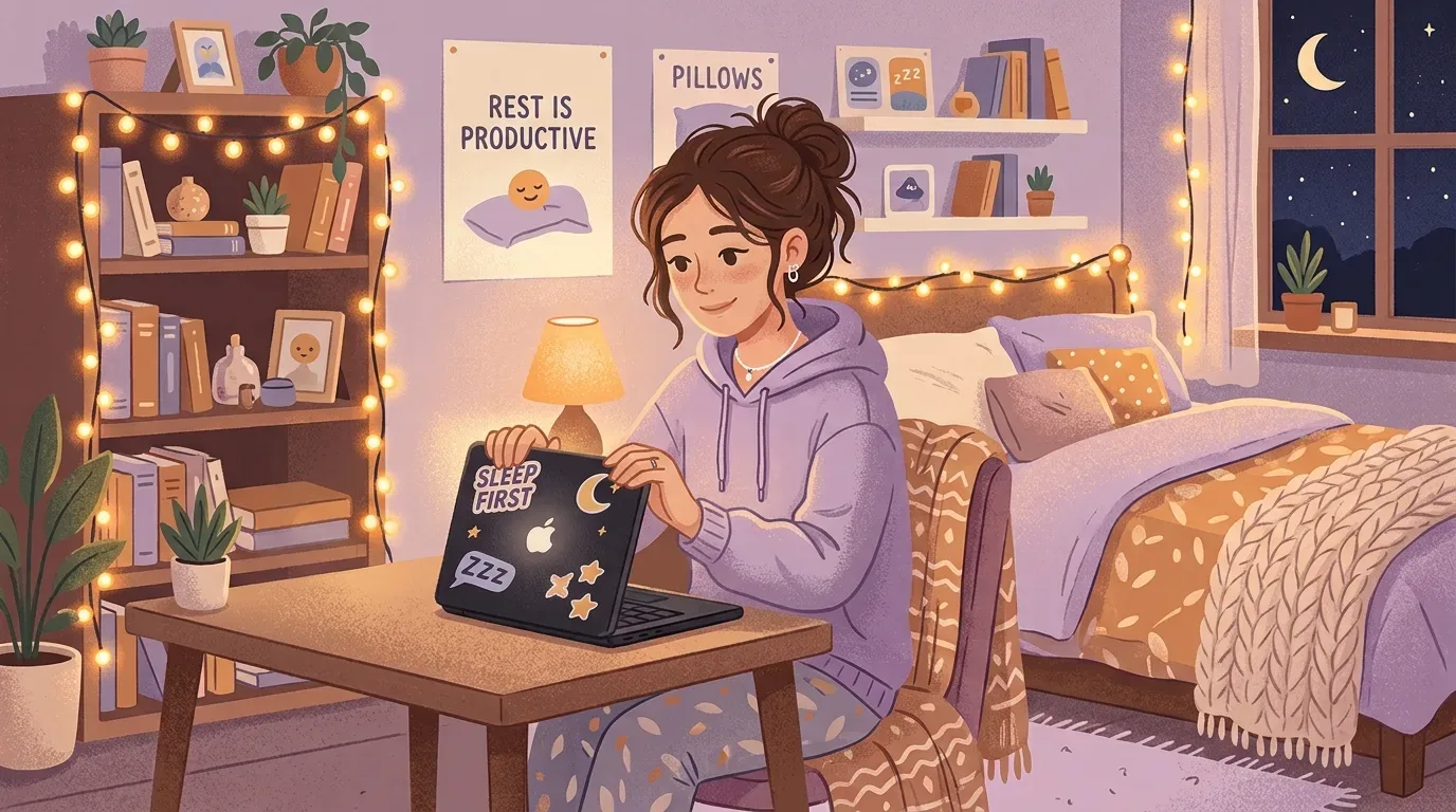 Uma jovem em seu quarto à noite, fechando o notebook decorado com adesivos com as frases "SLEEP FIRST" e "ZZZ". O ambiente acolhedor e iluminado por luzes pisca-pisca conta com uma estante de livros, vista do céu noturno pela janela e um pôster na parede reforçando a mensagem "REST IS PRODUCTIVE".
