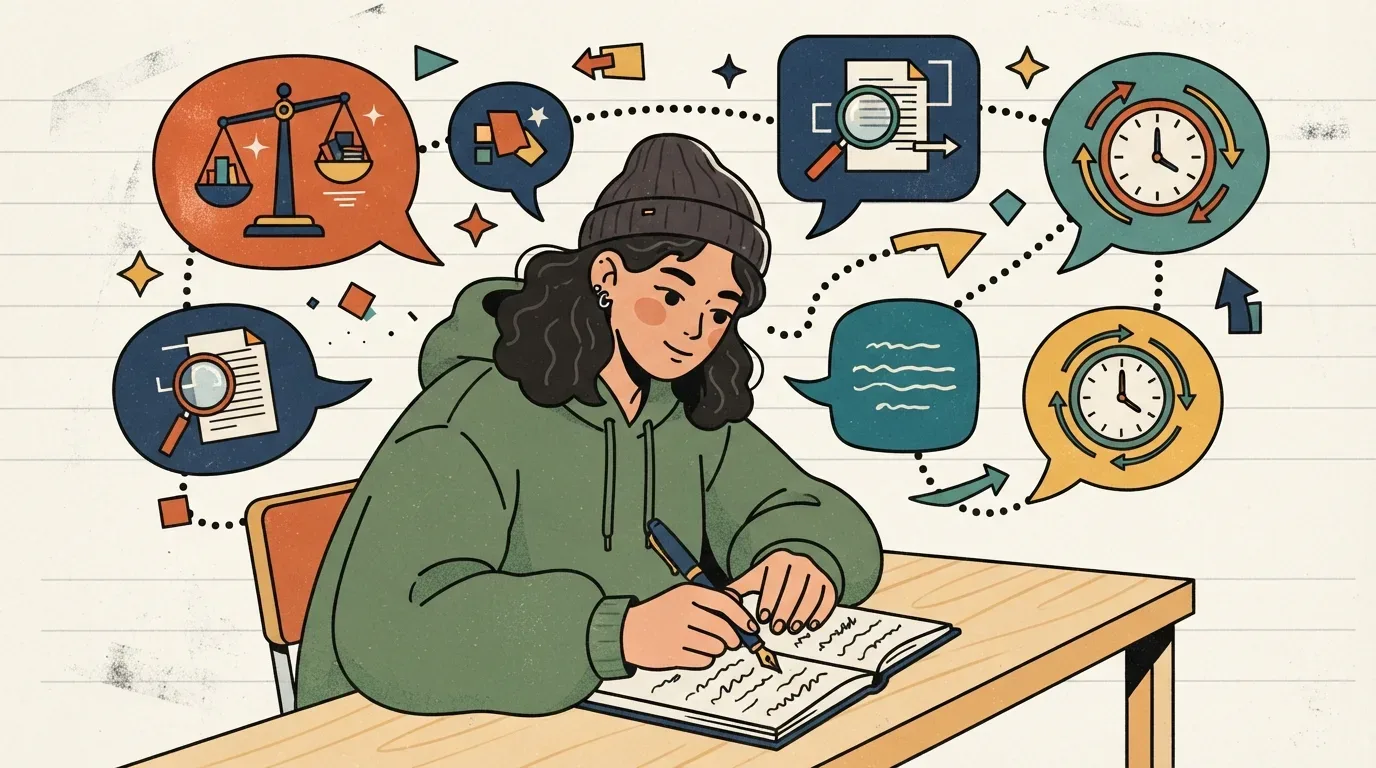 Uma estudante usando touca escura e moletom verde escrevendo concentrada em um caderno sobre a escrivaninha. Ao seu redor, balões de pensamento conectados por linhas pontilhadas ilustram as etapas da produção textual: uma balança de pratos comparando dados e argumentos, uma lupa analisando documentos, uma caixa de texto estruturada e relógios simbolizando o gerenciamento de tempo e ciclos de revisão.