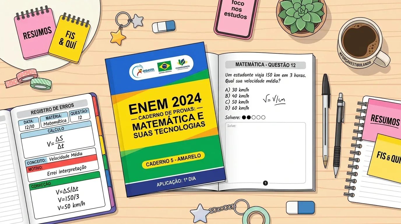 Ilustração em vista superior de uma mesa de estudo com o caderno de provas do "ENEM 2024 - MATEMÁTICA E SUAS TECNOLOGIAS" aberto na "QUESTÃO 12". Ao lado, um caderno de "REGISTRO DE ERROS" apresenta o passo a passo do cálculo de velocidade média com o resultado. A composição inclui blocos de notas de "RESUMOS", canetas, borracha e uma chávena de café com a frase "#FORÇAVESTIBULANDA".