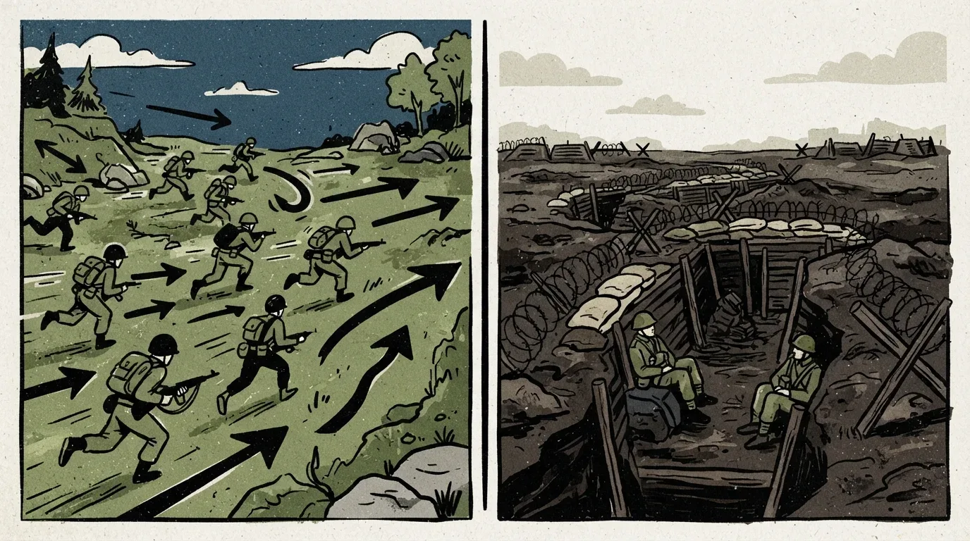 Um painel de quadrinhos de duas vinhetas contrastando estilos de guerra. A vinheta esquerda mostra soldados avançando rapidamente ladeira acima, com setas pretas grossas traçando suas rotas táticas através de um campo verde sob um céu noturno. A vinheta direita mostra dois soldados sentados de forma estática e exausta dentro de uma trincheira profunda e deprimida, cercados por arame farpado e um campo de batalha desolado e cinzento.