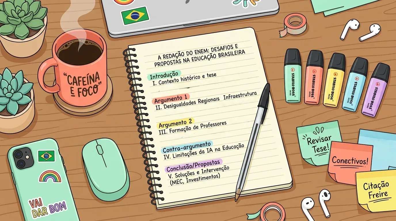 Ilustração em vista superior de uma secretária de estudo com um caderno em espiral aberto no esboço "A REDAÇÃO DO ENEM: DESAFIOS E PROPOSTAS NA EDUCAÇÃO BRASILEIRA", dividido em introdução, argumentos e proposta de intervenção. O plano inclui marcadores de texto coloridos, blocos de notas adesivas com lembretes como "Citação Freire", uma caneca com a frase "CAFEÍNA E FOCO", fones de ouvido e um telemóvel com a capa "VAI DAR BOM".