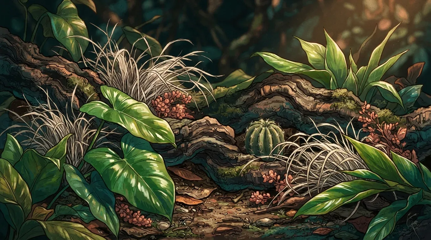 Ilustração em plano fechado retratando a diversidade de texturas vegetais. A cena reúne folhas verdes largas e brilhantes em primeiro plano, um pequeno cacto redondo acomodado junto a um tronco de madeira coberto por musgo, tufos de gramíneas secas e pequenos frutos avermelhados.