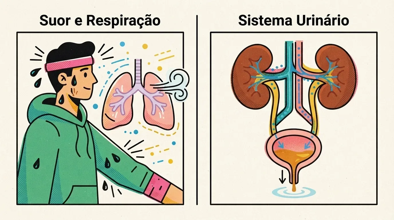 Diagrama educativo em dois quadros sobre mecanismos de eliminação de resíduos pelo corpo humano. O quadro da esquerda, com o título "Suor e Respiração", retrata um homem suando ao lado de uma ilustração dos pulmões expirando ar. O quadro da direita, intitulado "Sistema Urinário", apresenta o esquema anatômico dos rins, ureteres e bexiga liberando urina.