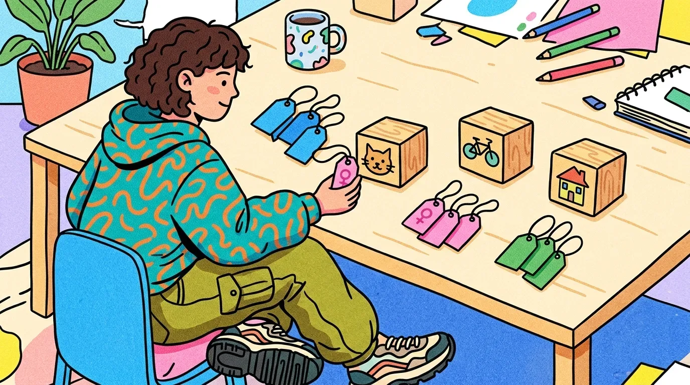 Um estudante sentado a uma mesa de madeira associando etiquetas de identificação coloridas a cubos de madeira ilustrados. Sobre a bancada, veem-se três blocos com desenhos de um gato, uma bicicleta e uma casa, acompanhados por conjuntos de tags azuis, rosas (com o símbolo do gênero feminino) e verdes, além de lápis de cor e xícara.