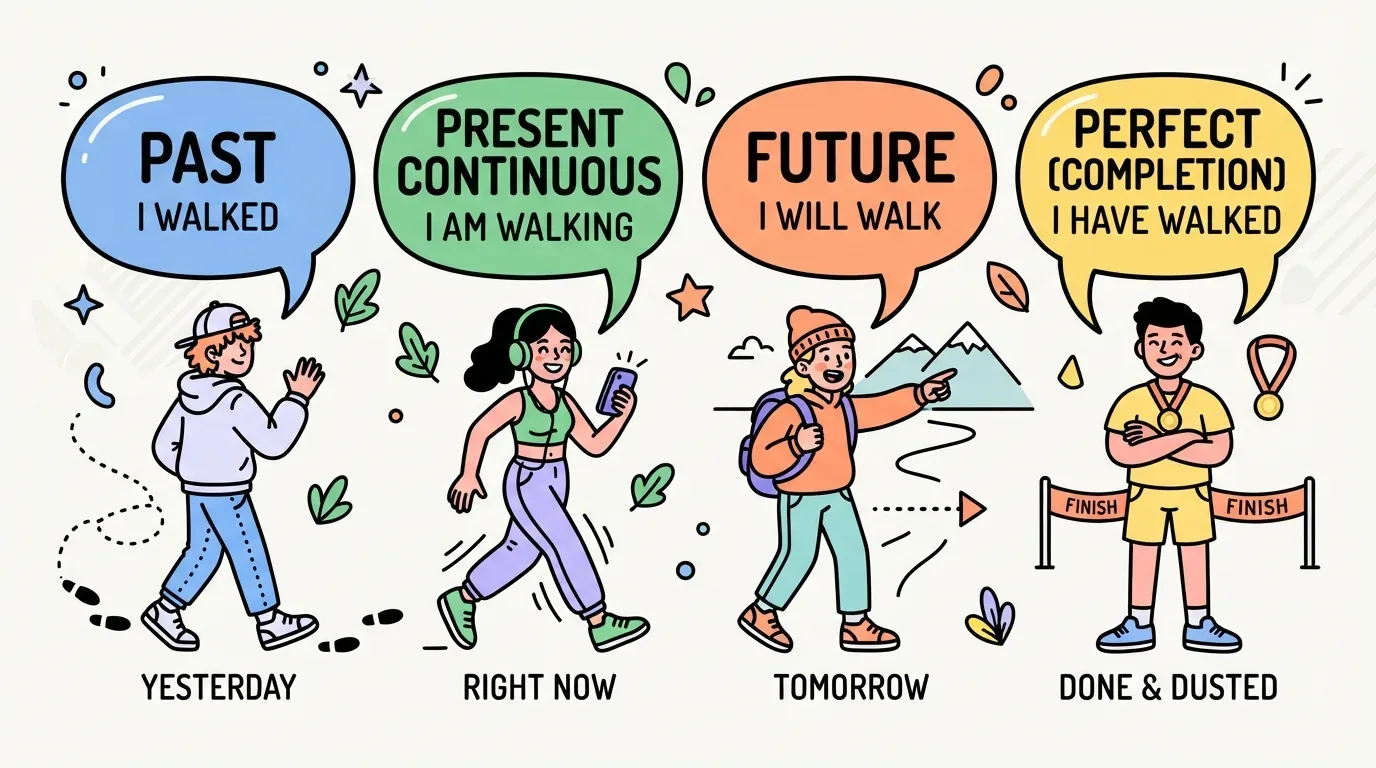 Ilustração didática em estilo cartoon sobre tempos verbais em inglês com quatro personagens. Da esquerda para a direita: um jovem caminhando acenando com o balão de fala "PAST / I WALKED" e o rótulo "YESTERDAY"; uma mulher caminhando ouvindo música com o balão "PRESENT CONTINUOUS / I AM WALKING" e o rótulo "RIGHT NOW"; um caminhante apontando para montanhas com o balão "FUTURE / I WILL WALK" e o rótulo "TOMORROW"; e um atleta com medalha na linha de chegada com o balão "PERFECT (COMPLETION) / I HAVE WALKED" e o rótulo "DONE & DUSTED".