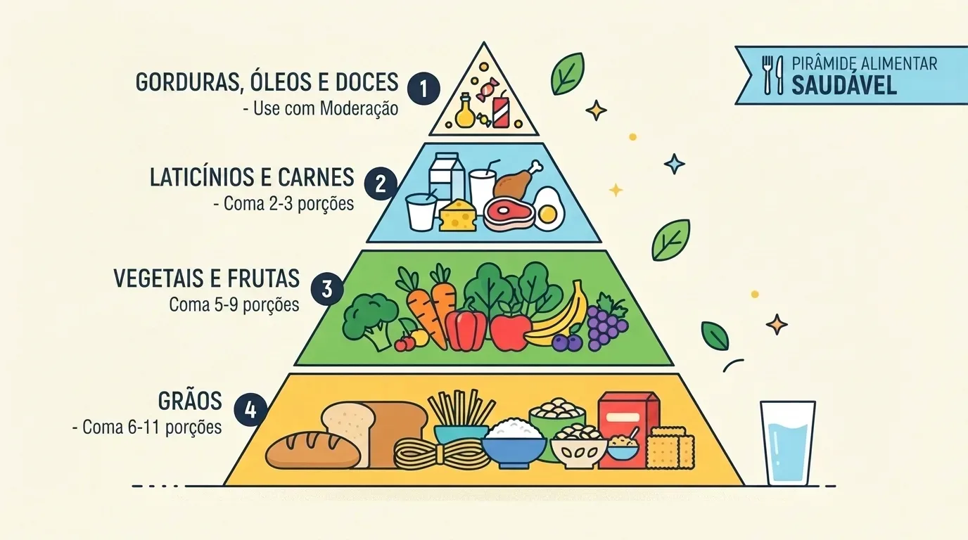 "PIRÂMIDE ALIMENTAR SAUDÁVEL" organizada em quatro níveis hierárquicos numerados de cima para baixo: 1. "GORDURAS, ÓLEOS E DOCES" ("Use com Moderação") no topo; 2. "LATICÍNIOS E CARNES" ("Coma 2-3 porções"); 3. "VEGETAIS E FRUTAS" ("Coma 5-9 porções"); e 4. "GRÃOS" ("Coma 6-11 porções") na base ampla, acompanhada por um copo de água.