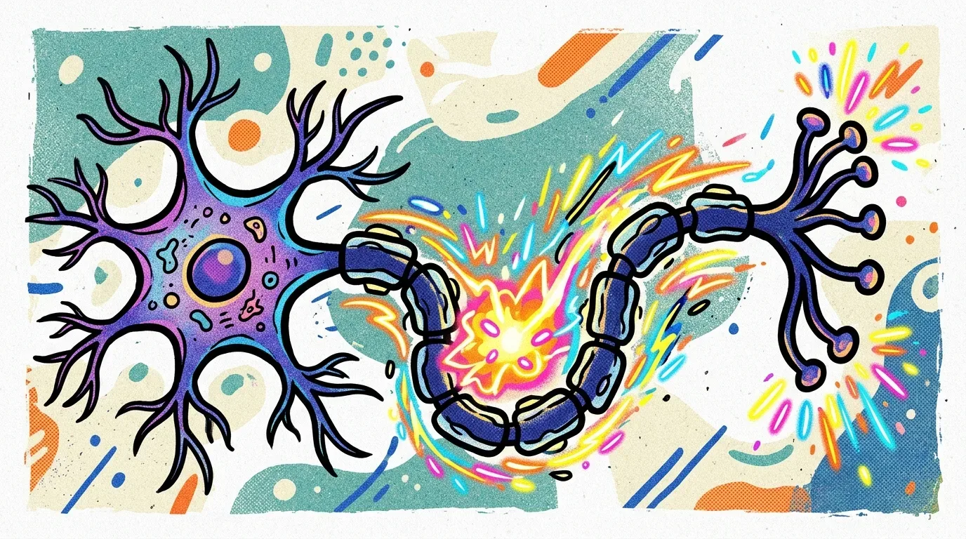 Um neurônio em estilo artístico colorido. À esquerda, destaca-se o corpo celular em tons de roxo e azul com o núcleo e dendritos ramificados. O axônio se estende para a direita revestido pela bainha de mielina, exibindo a condução de um impulso elétrico em brilho amarelo e laranja no centro, culminando nas terminações axônicas que liberam sinais luminosos.