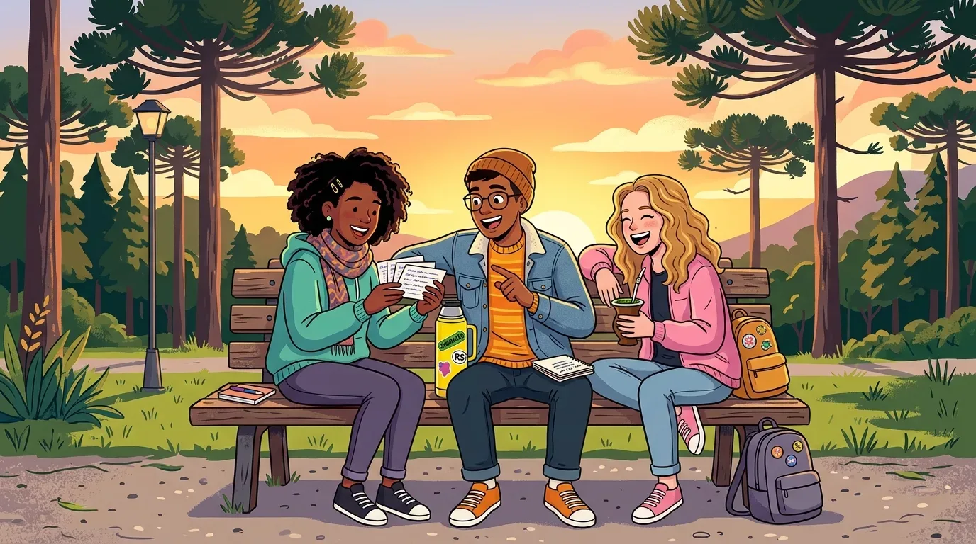 Três jovens amigos sentados num banco de madeira num parque ao pôr do sol, a estudar e a divertir-se juntos. Ao centro, um rapaz de gorro e óculos aponta para cartões de estudo (flashcards) segurados por uma amiga à esquerda. À direita, outra jovem sorri enquanto bebe chimarrão. O cenário ao ar livre apresenta grandes pinheiros araucária contra o céu alaranjado, com mochilas e garrafa térmica no banco.