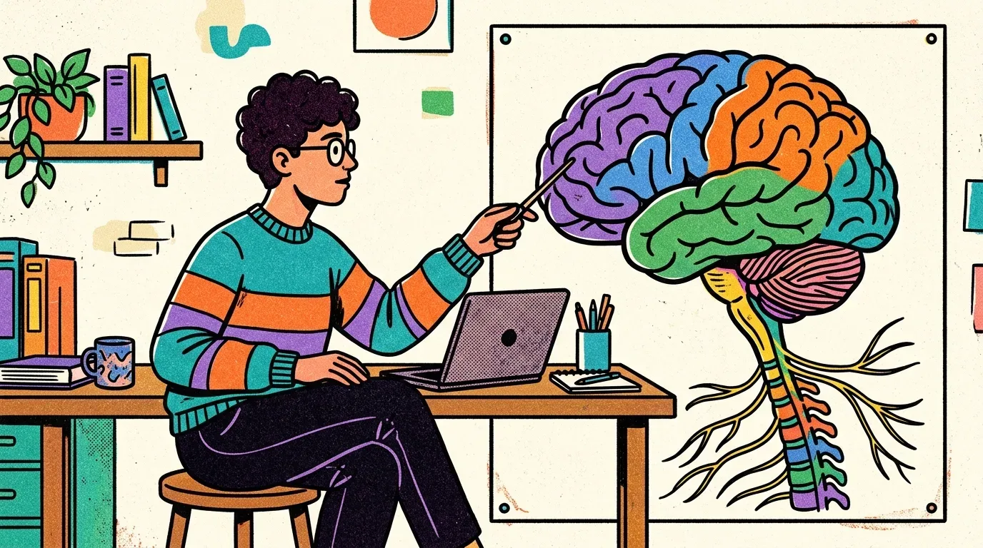 Um estudante em sua mesa de estudos apontando com uma ponteira para um cartaz analítico do cérebro humano. O diagrama exibe as divisões dos lobos cerebrais em cores distintas (roxo, azul, laranja e verde), o cerebelo e o tronco encefálico conectado às ramificações nervosas.