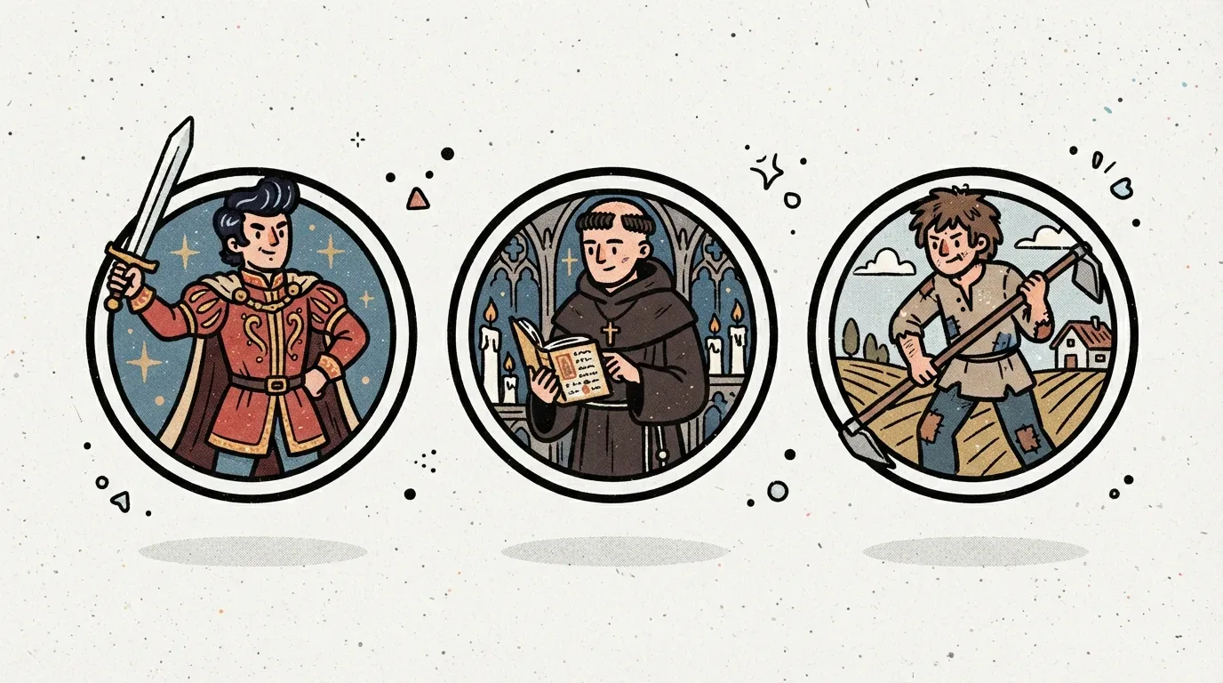 Ilustração com três emblemas circulares representando a sociedade feudal medieval. O medalhão da esquerda exibe um nobre em trajes ricamente decorados e capa erguendo uma espada. O medalhão central mostra um monge de hábito marrom com crucifixo lendo um livro sagrado entre velas acesas. O medalhão da direita retrata um camponês de roupas remendadas segurando uma enxada em um campo agrícola.