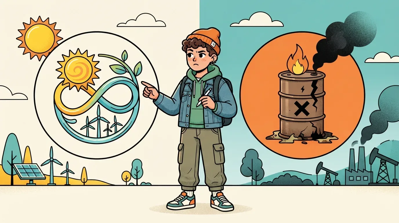 Um jovem dividindo duas visões de matrizes energéticas. À esquerda, ele aponta para um círculo contendo o símbolo do infinito integrado a um sol, folhas verdes e turbinas eólicas, sobre uma paisagem limpa com painéis solares. À direita, observa-se um círculo com um barril de petróleo vazando fumaça negra, tendo indústrias poluidoras e bombas de extração ao fundo.