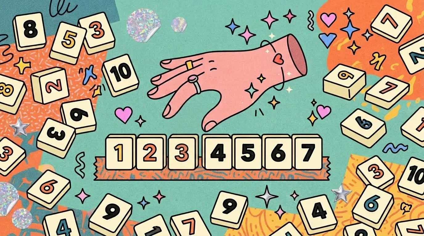 Ilustração em vista superior de uma mão alinhando blocos numéricos. No centro, as peças estão organizadas na sequência exata de 1 a 7 sobre uma fita. Ao redor, há diversos blocos espalhados com números de 1 a 10 entre estrelas e corações ilustrados.