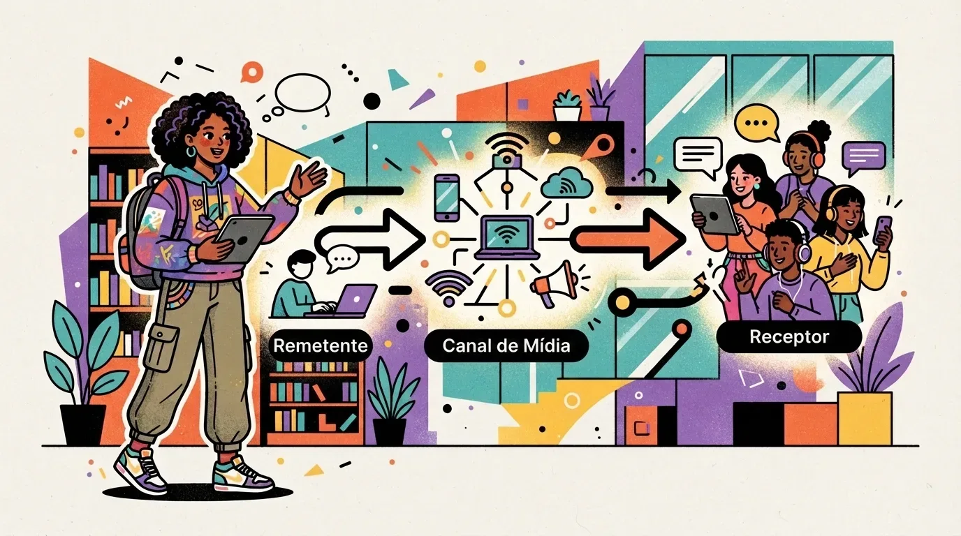 Infográfico educativo ilustrado sobre o processo de comunicação digital. À esquerda, uma estudante de mochila e tablet acompanha a etapa do "Remetente"; ao centro, a etapa do "Canal de Mídia" exibe ícones de notebooks, antenas Wi-Fi, nuvem e megafone; à direita, a etapa do "Receptor" mostra um grupo de pessoas interagindo com celulares, tablets e balões de mensagem.