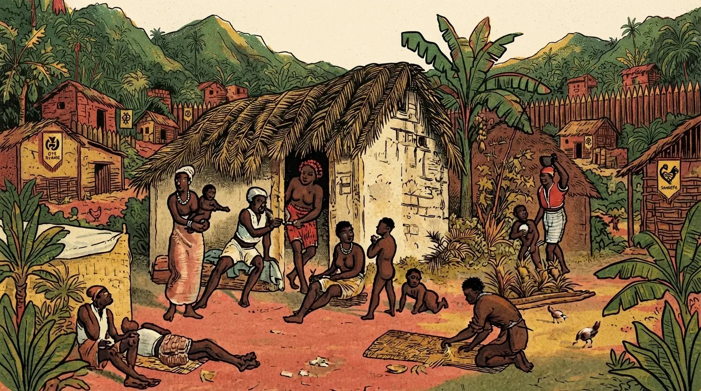 Ilustração histórica representando o cotidiano comunitário no Quilombo dos Palmares. Homens, mulheres e crianças de origem africana realizam atividades diárias ao redor de habitações de pau a picá com teto de palha. A cena retrata moradores tecendo esteiras no solo, cuidando de crianças, preparando alimentos e trabalhando a terra, cercados por uma paliçada de madeira protetora, bananeiras e serras ao fundo.