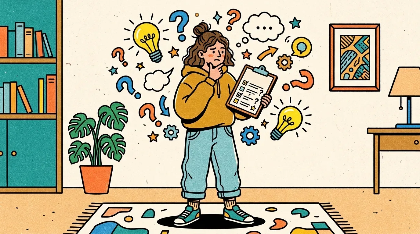 Uma pessoa jovem de casaco moletom amarelo e calça jeans, em pé com a mão no queixo em atitude reflexiva enquanto segura uma prancheta com uma lista de verificação (checklist). Ao redor de sua cabeça flutuam ícones ilustrados de lâmpadas acesas, engrenagens, balões de pensamento e pontos de interrogação. O ambiente interno conta com estante de livros, vaso de planta e tapete estampado.