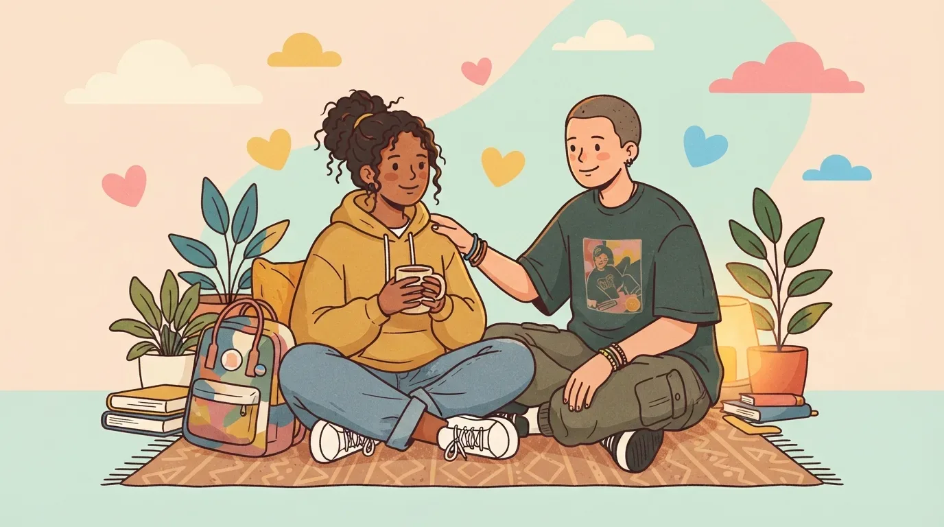 Ilustração acolhedora de dois jovens amigos sentados juntos sobre um tapete decorado no chão. Uma jovem de moletom amarelo segura uma caneca enquanto recebe o apoio do companheiro ao lado, que apoia a mão confortavelmente em seu ombro com um olhar empático, cercados por plantas, livros, mochila e corações flutuantes.